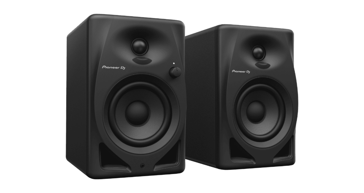 Angled front view of Pioneer DJ DM-40D monitors