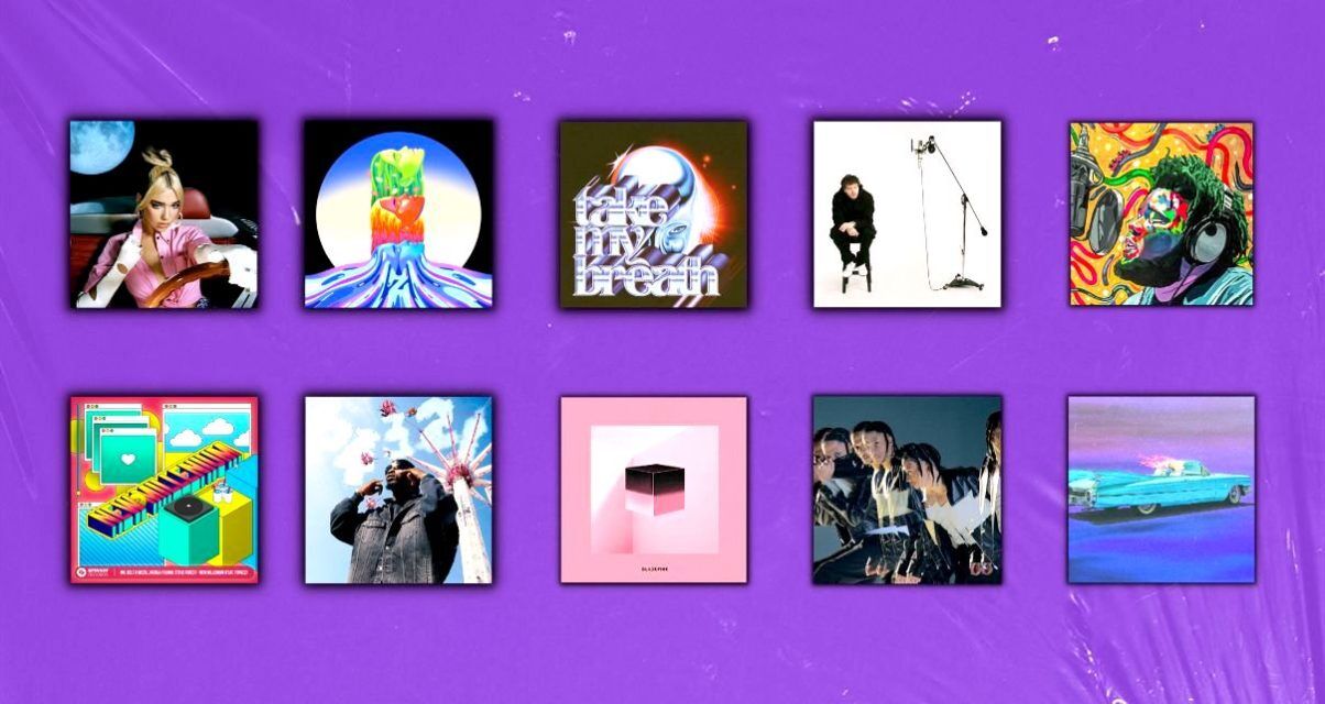 Various popular album covers on a purple background with a vinyl shrink wrap overlay
