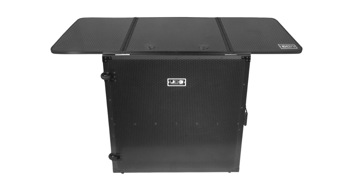 Front view of the black UDG Ultimate Fold Out DJ Table Mk2 Plus
