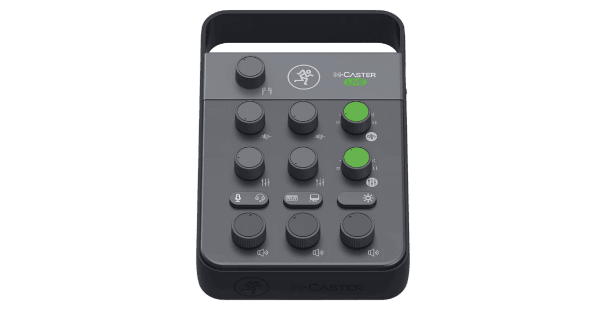 Front view of the black gray and green Mackie M-Caster Live audio interface