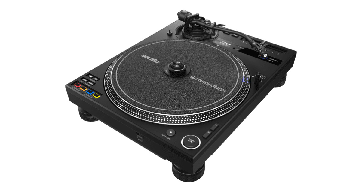 Top angled view of a black Pioneer DJ PLX-CRSS12 controller turntable on a white background