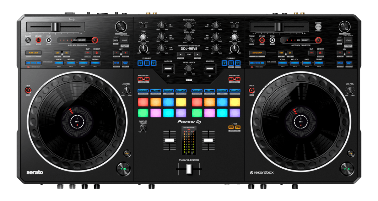 Top down view of a black Pioneer DJ DDJ-REV5 controller
