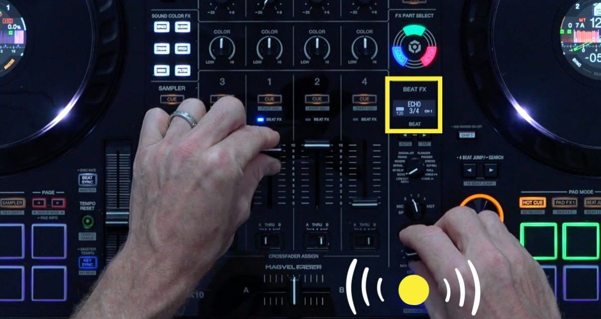 White male hands on a DDJ-FLX10 controller showing how to use echo when DJing