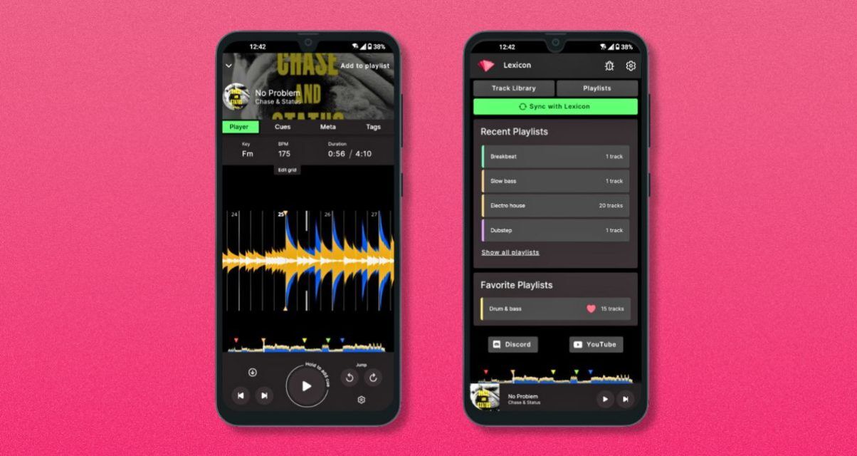 Two mobile phones sitting next to each other on a pinkish red background, displaying various aspects of Lexicon DJ library management software.