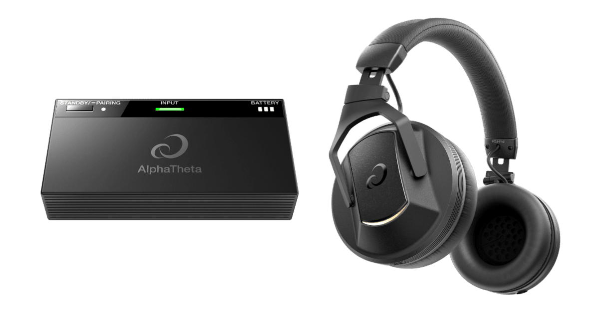 A black AlphaTheta SonicLink transmitter sits next to black HDJ-F10 wireless headphones on a white background