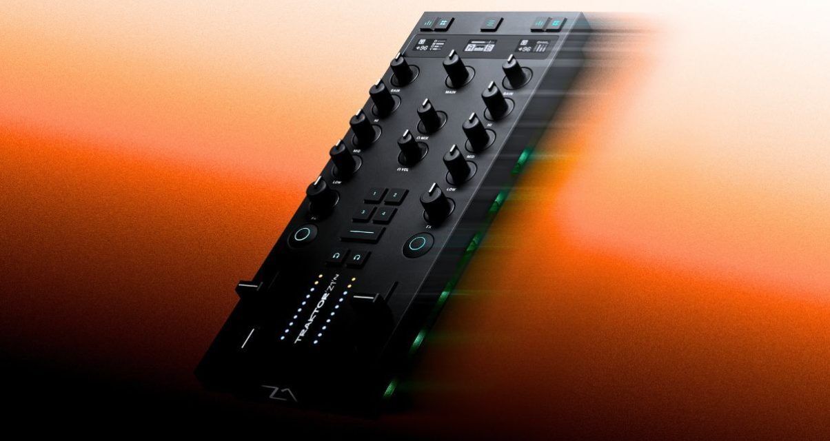 Angled black Traktor Z1 Mk2 modular DJ mixer on a dark orange gradient background