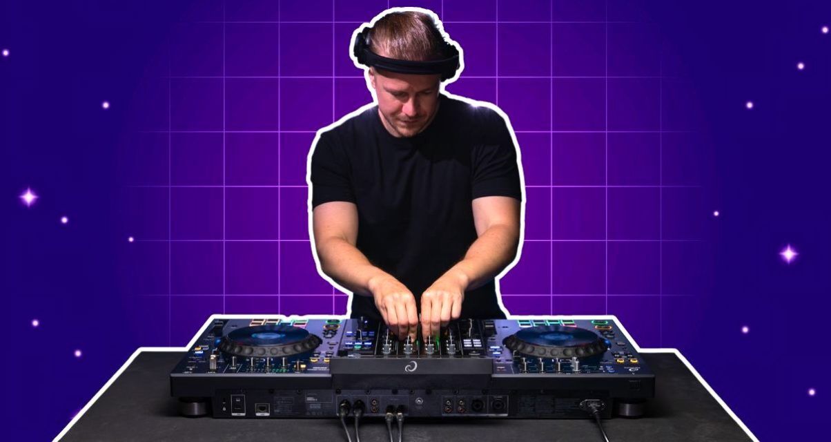 Cut out of a white male DJ using the mixer on an AlphaTheta XDJ-AZ standalone unit. The DJ is wearing a black shirt and headphones, and both him and the gear are outlined in white. The background is a futuristic purple grid with small stars.