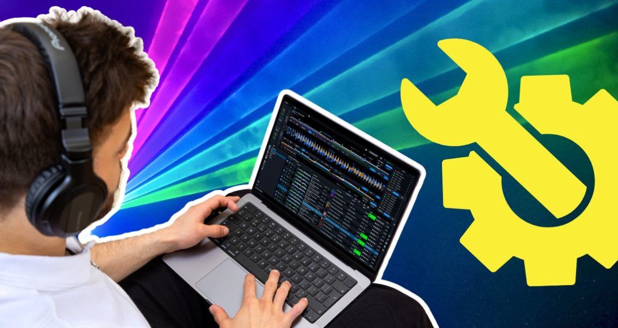 On the right side is a bright yellow screwdriver icon. On the left is a young bearded white man with headphones. In his lap is a MacBook Pro with Rekordbox DJ software on the screen. The background to everything is DMX party lighting.