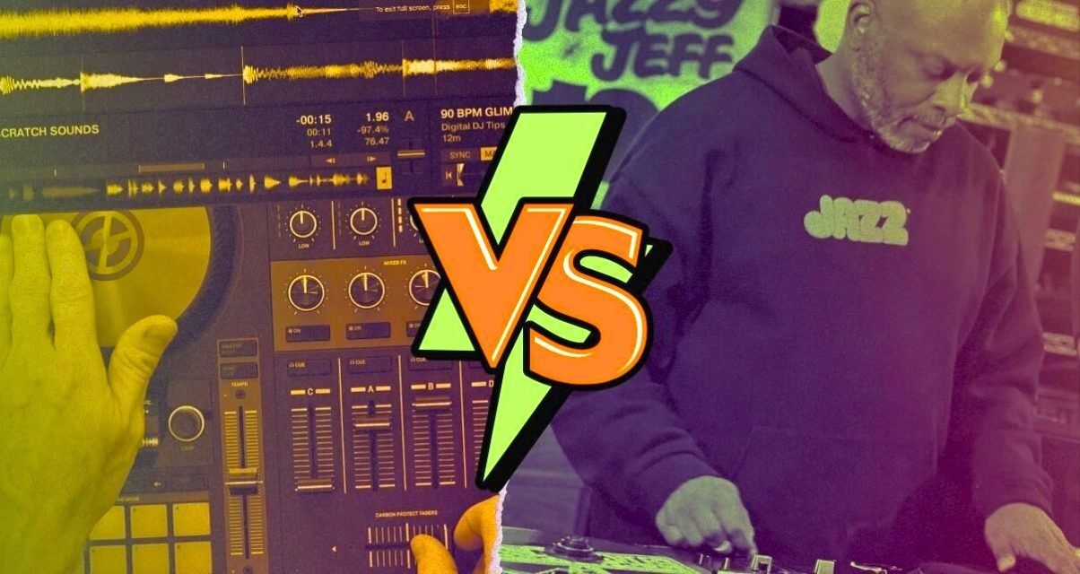 A split image depicting two different people scratching. On the left is a top-down view of a person scratching the jogwheel of a DJ controller. The colour is duotone and appears light orange. On the right is DJ Jazzy Jeff scratching on some gear. His photo has a light green overlay. Between the two images is a lightning bolt versus graphic in lime green and dark orange.