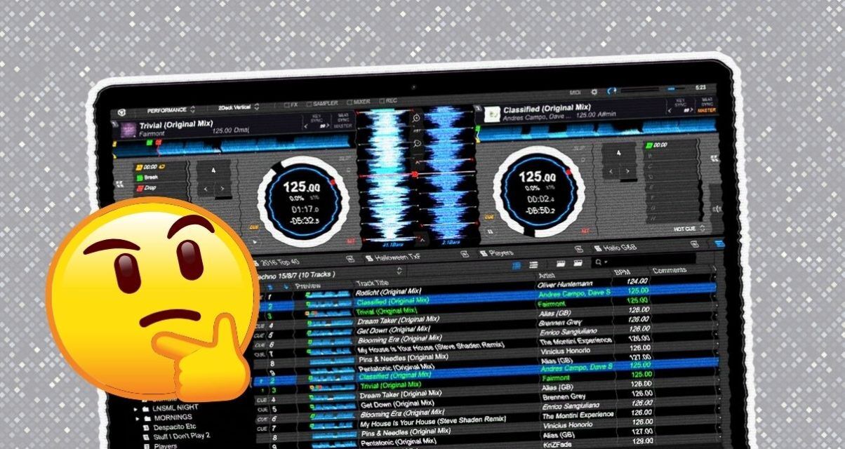 A laptop screen displaying a slightly glitchy view of Rekordbox DJ software. The laptop is tilted a bit, and on the left is a thinking face emoji looking up at it.