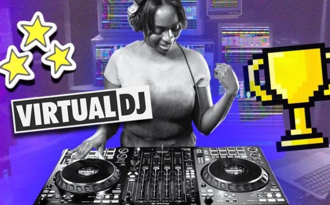 A composite image. In the centre is a young Black DJ stylised in black and white. She is looking down at her Pioneer DJ DDJ-FLX10 controller sitting on a desk with a laptop. In the background are stacks of old TVs, all of which display a glitchy edit of VirtualDJ software. On the right side is a yellow 8-bit trophy. On the left are three yellow comic stars. Below the stars is the VirtualDJ logo.
