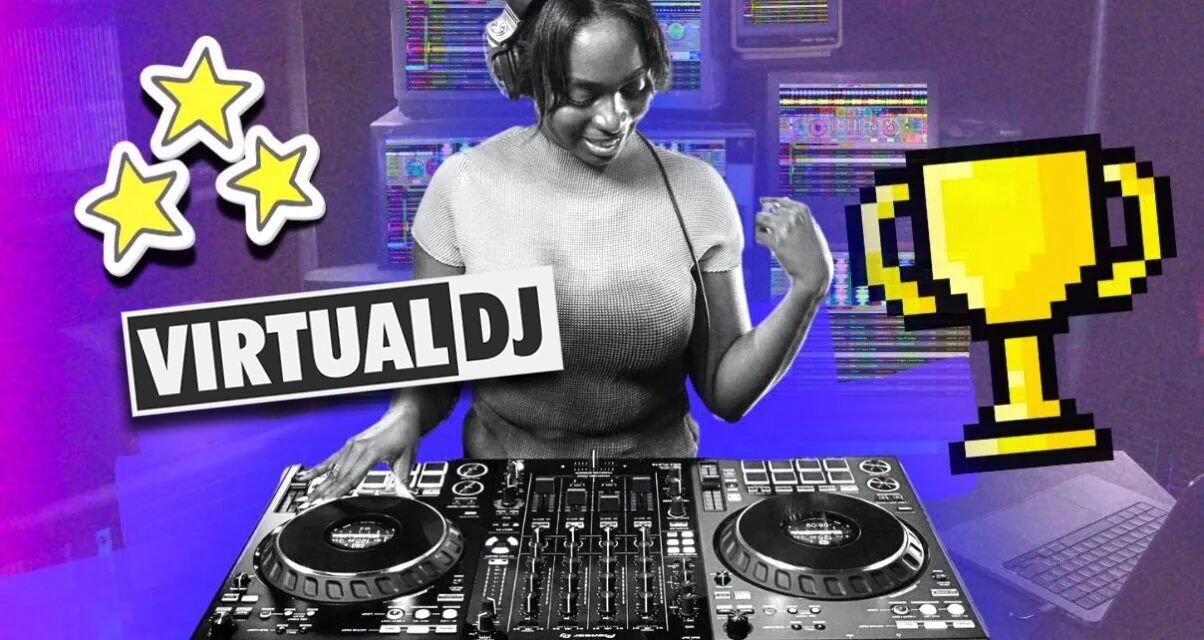 A composite image. In the centre is a young Black DJ stylised in black and white. She is looking down at her Pioneer DJ DDJ-FLX10 controller sitting on a desk with a laptop. In the background are stacks of old TVs, all of which display a glitchy edit of VirtualDJ software. On the right side is a yellow 8-bit trophy. On the left are three yellow comic stars. Below the stars is the VirtualDJ logo.