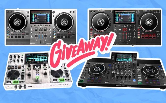 Four standalone DJ controllers against a light blue textured background. The bright red text across the four units says "Giveaway!".