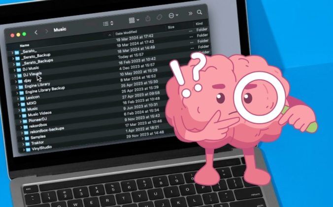 Close-up of a silver laptop against a light blue background. It's displaying a Music folder. In the foreground, there is a pink cartoon brain holding a white magnifying glass with a green handle. The cartoon looks through the magnifying glass and appears confused. There is an exclamation point and question mark above its right eyebrow.