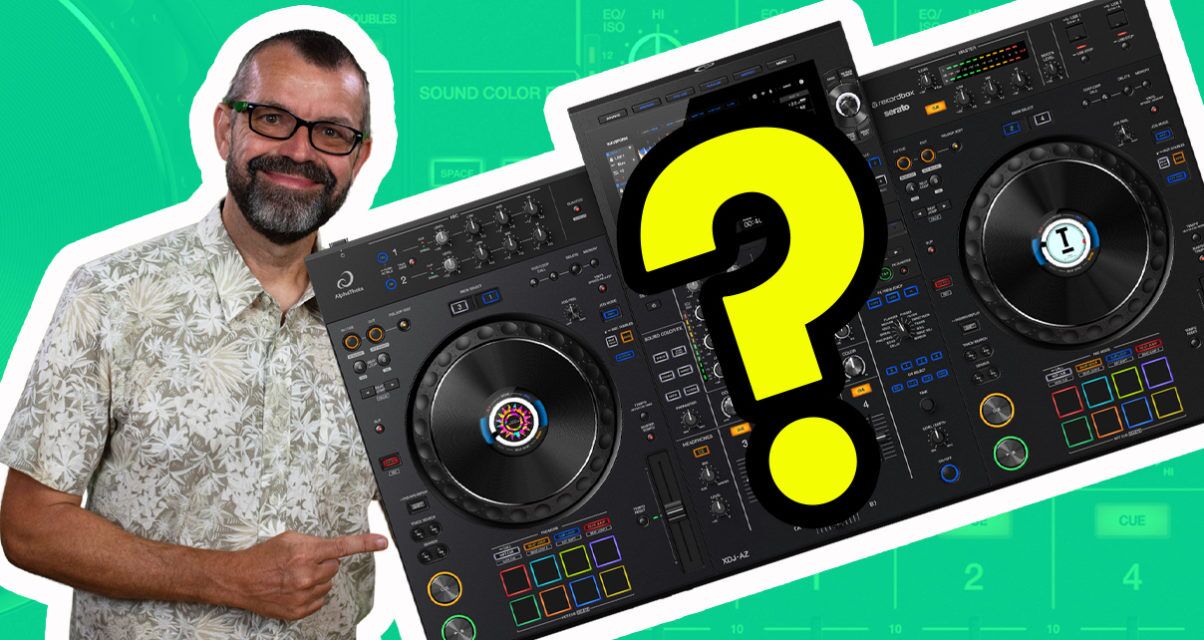 White bespectacled man in patterned button up shirt pointing at a black XDJ-AZ standalone DJ unit with a yellow question mark and light green background.