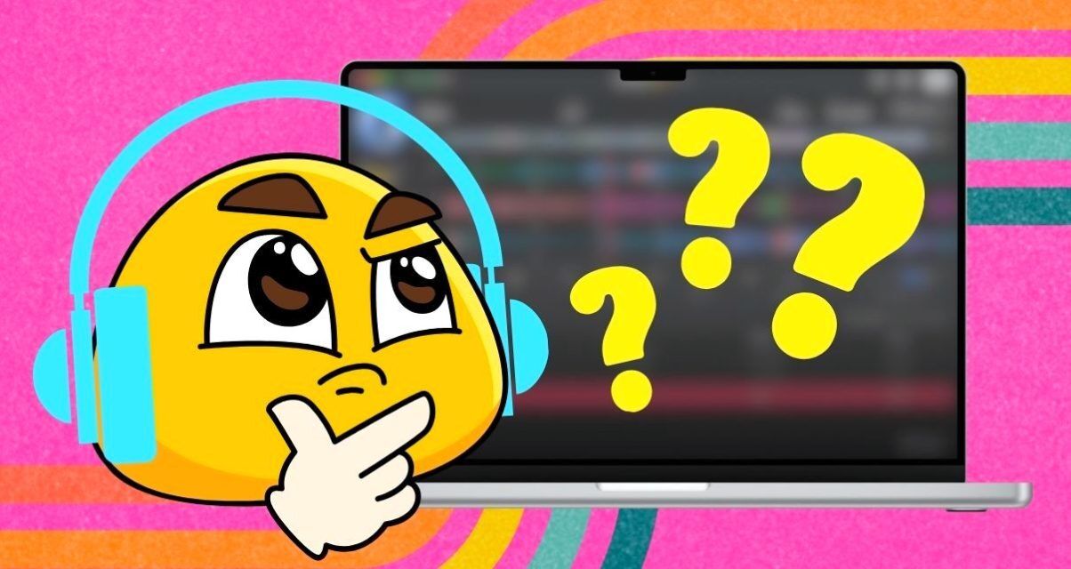 A round, yellow, gumdrop-looking emoji pulls a thinking face while wearing aqua headphones. It's looking at a laptop that has a blurred screen and three yellow question marks. In the background are retro rainbow lines set against hot pink.