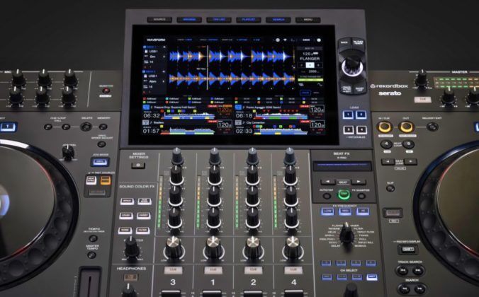 Zoomed in view of the black AlphaTheta XDJ-AZ standalone DJ unit.