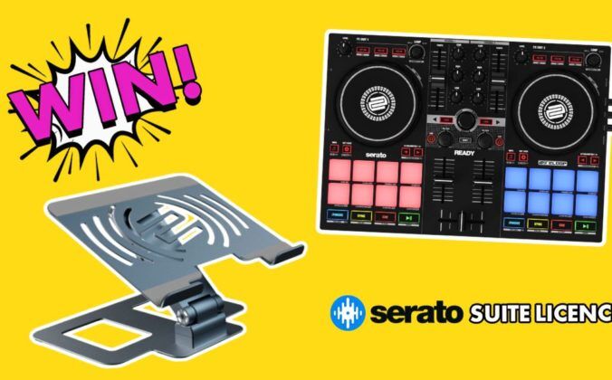 A colourful graphic showcasing a Reloop Ready DJ controller, a Reloop Stand Hub Pro, and the comic book-style text "WIN!" in pink on a bright yellow background. The bottom right had text that says "Serato Suite Licence".
