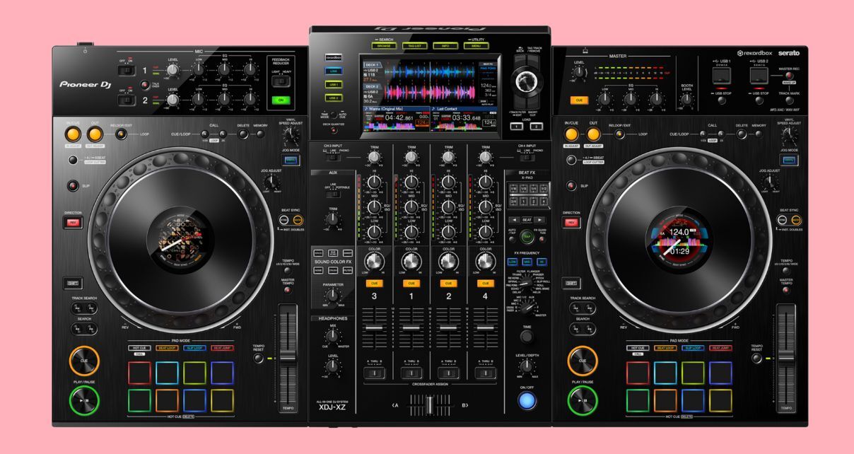 Top down view of a black XDJ-XZ standalone DJ system on a pale pink background