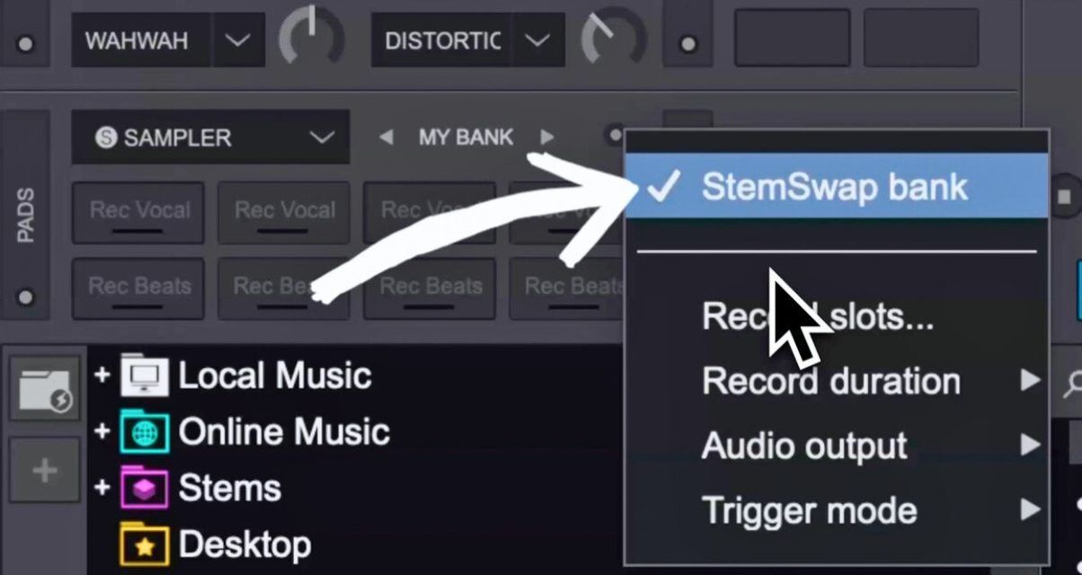 The VirtualDJ 2025 library tree menu on the left, with a white arrow pointing to the new StemSwap bank in the drop-down menu