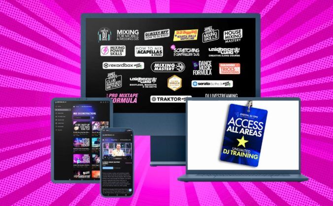 A desktop monitor, tablet, smartphone, and laptop are displaying various aspects of Access All Areas from Digital DJ Tips. The background is light and dark pink with comic book style lines.