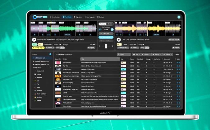 A silver MacBook Pro laptop against a light green-hued background. The background has several music waveforms diagonally across the image. The laptop is displaying Mixed In Key 11 Pro software.