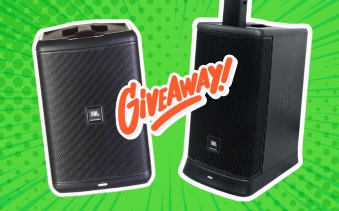 Two black JBL PA speakers outlined in white trim, against a comic book burst-style, lime green background. The word "giveaway!" is written across the two speakers in bright orange.