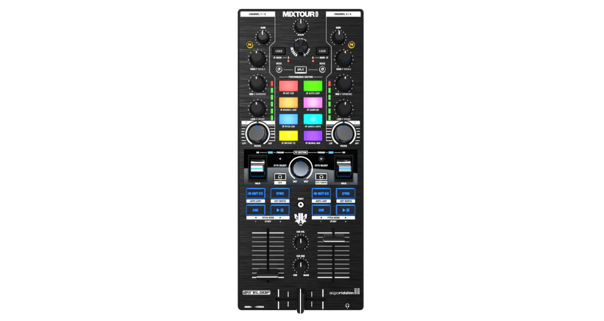 Top down view of a black Reloop Mixtour Pro DJ controller