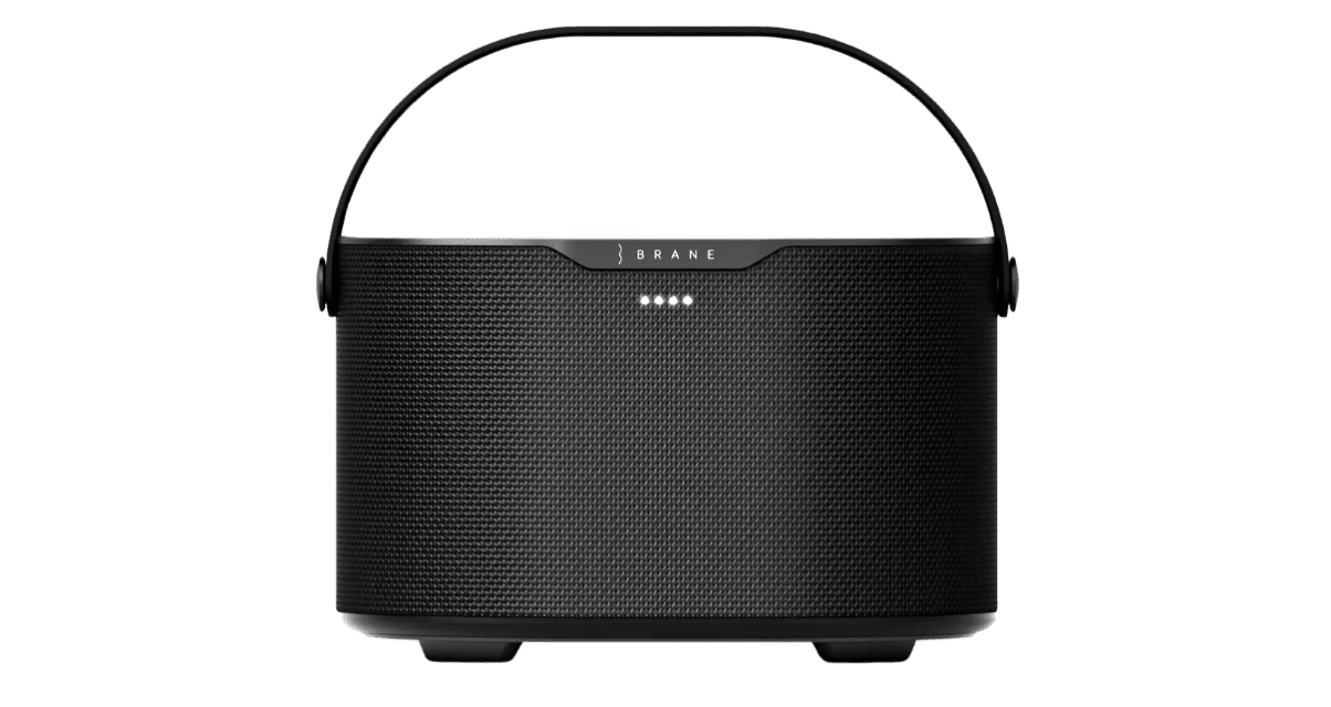 A black Brane X portable speaker on a transparent background.