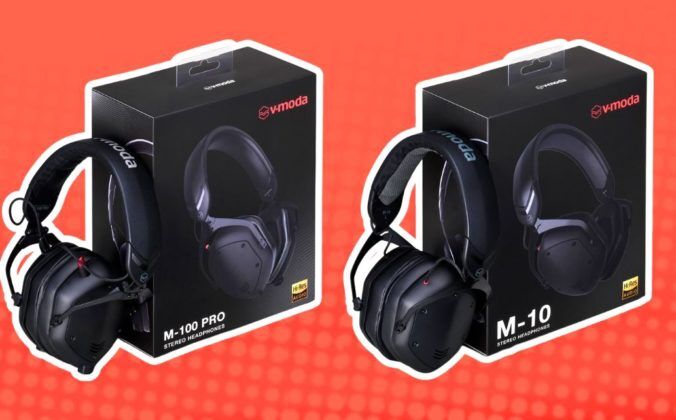 Two black V-MODA headphone models, M-100 PRO and M-10, displayed beside their packaging against a vibrant light red background.