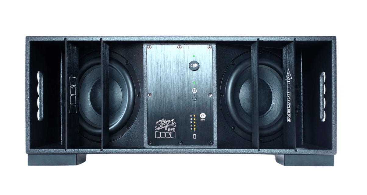 A black Dillinger Labs Death From Below wireless subwoofer lays horizontally across a transparent background.