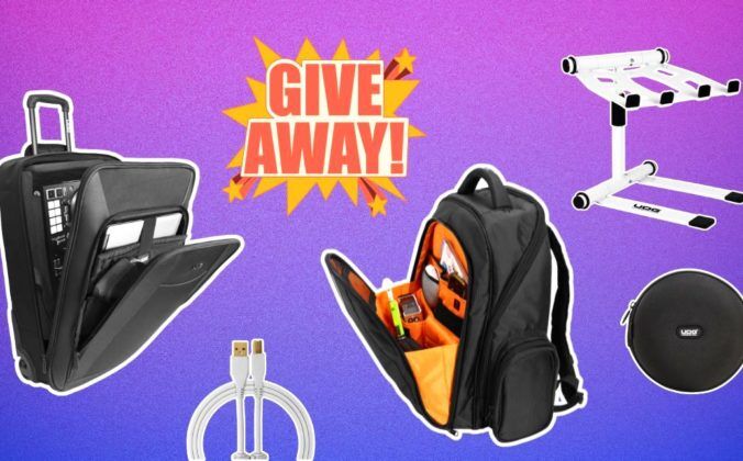 Five different cut outs of various UDG accessories float against a pink, purple and blue gradient background. The comic book-style text says "Giveaway!" in orange lettering.