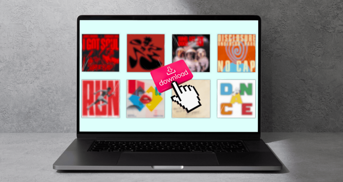 A silver laptop sits against a grey concrete background. There is a design displayed on the laptop screen: a retro hand icon and a red-and-white-coloured download icon sit at the centre. Behind it are various blurred track singles against a pale blue background.