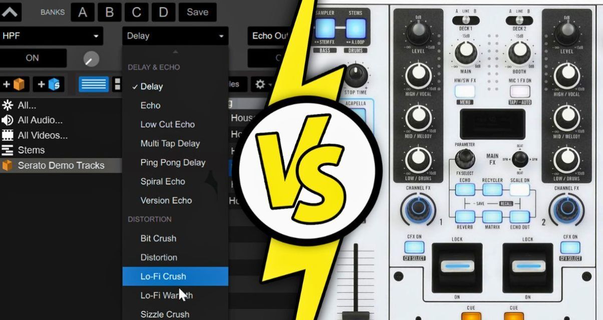 Two images split by a yellow, white and black versus icon. On the left is software effects options inside DJ software. On the right is the hardware effects section on a white Rane One Mk2 DJ controller.