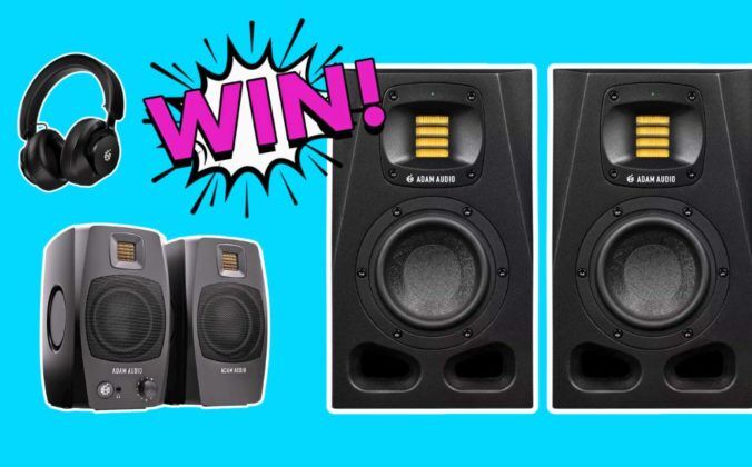 Two pairs of Adam Audio speakers and a pair of headphones on a light blue background. There is a comic book-style white, black, and hot pink graphic that says "Win!".