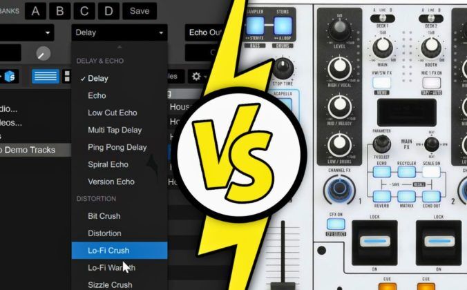 Two images split by a yellow, white and black versus icon. On the left is software effects options inside DJ software. On the right is the hardware effects section on a white Rane One Mk2 DJ controller.